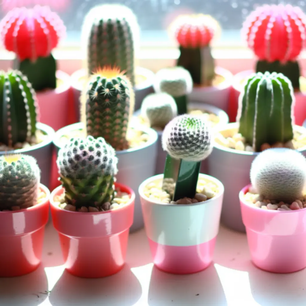 Mini kaktusz kollekció különböző formájú cserepes kaktuszokkal egy polcon.