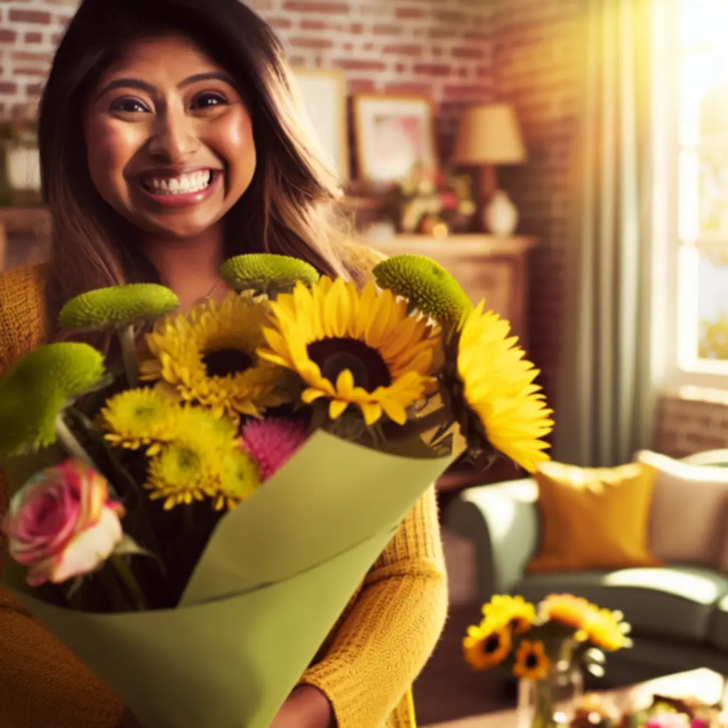 Vásárló által fotózott friss virágcsokor egy nappali asztalán