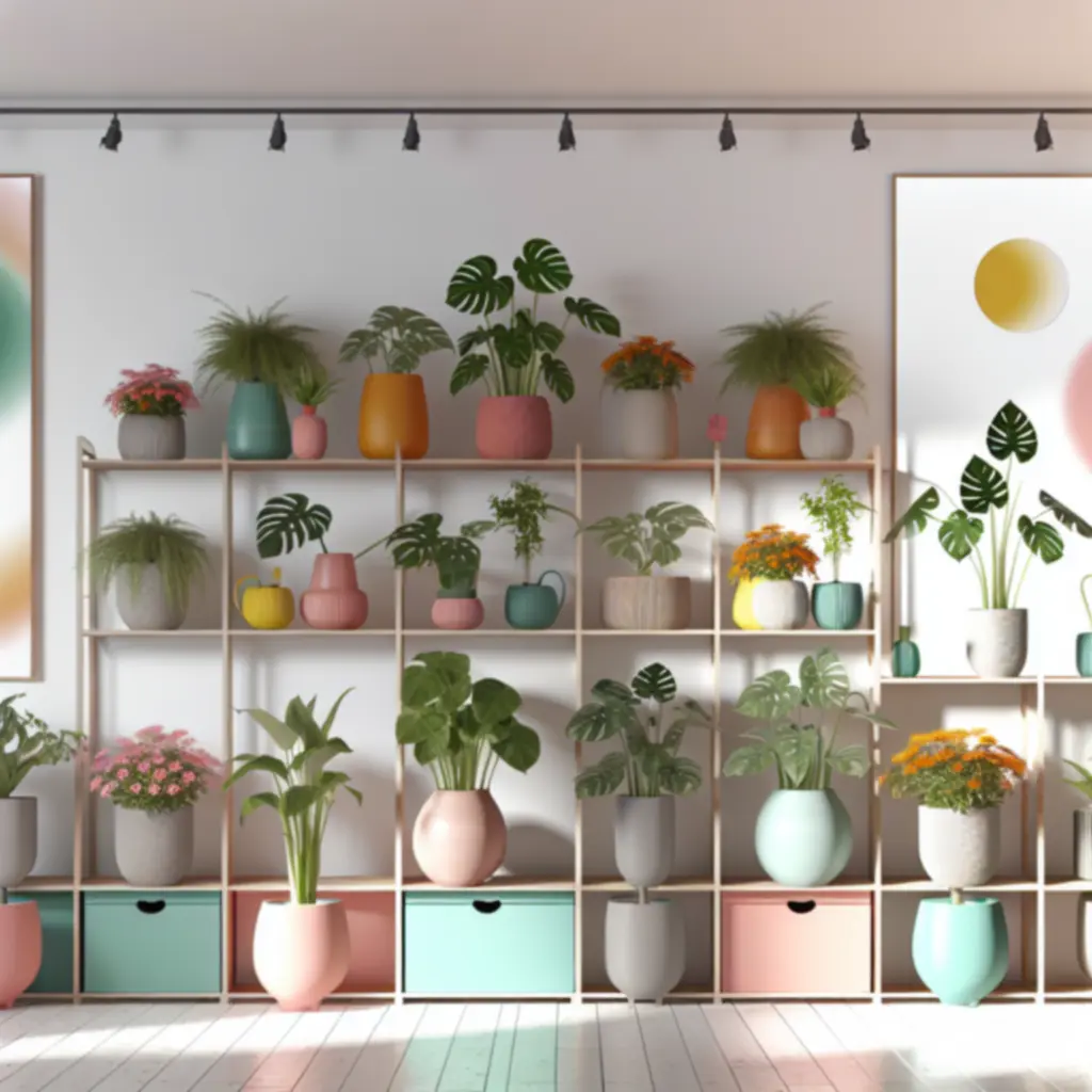 Stílusosan berendezett nappali különféle szobanövényekkel, például monstera, orchidea és kaktuszok.