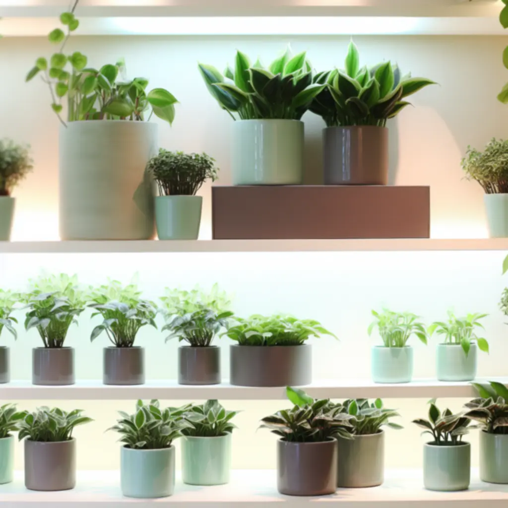 Különböző zöld szobanövények polcon elrendezve.