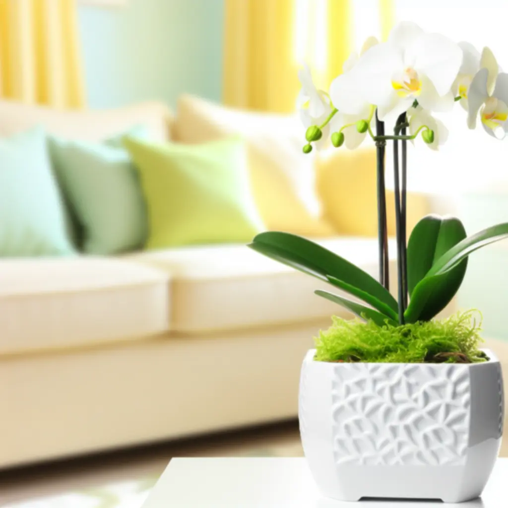 Fehér és rózsaszín virágzó orchidea modern kerámia kaspóban.