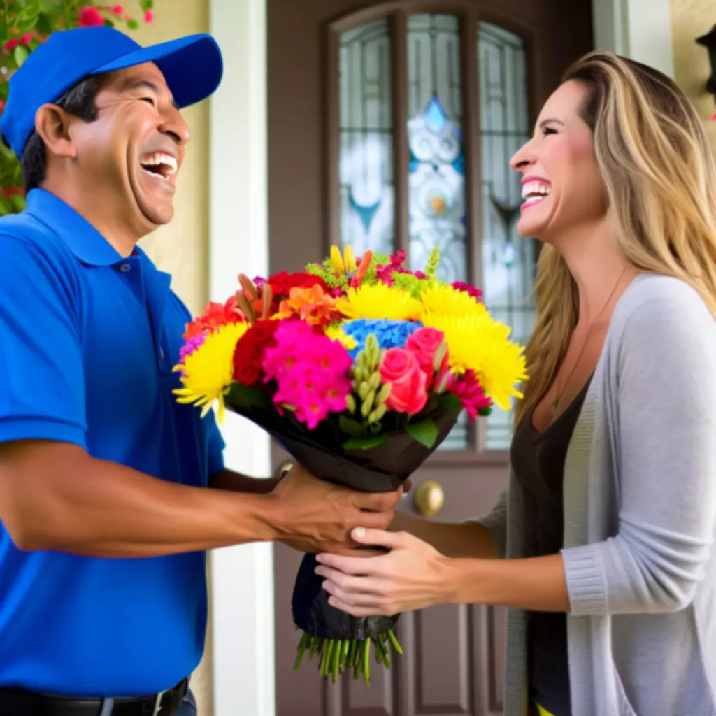 Futár friss virágcsokrot szállít ki egy mosolygó vásárlónak