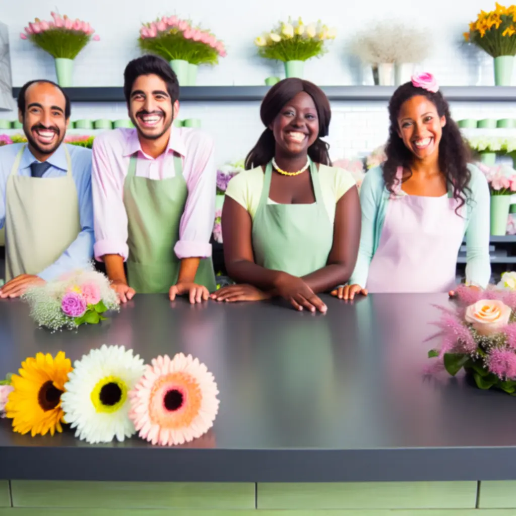 Mosolygós virágbolti ügyfélszolgálati csapat a BlooMaarketnél